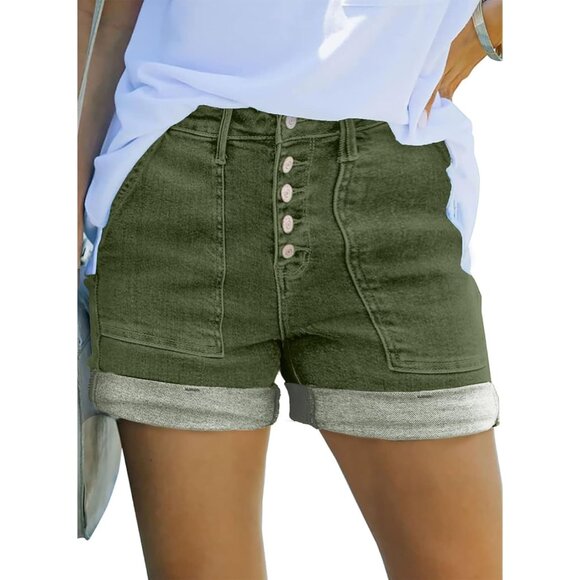 Women's Green High Waisted Stretchy Buttoned Folded Denim Jeans Shorts